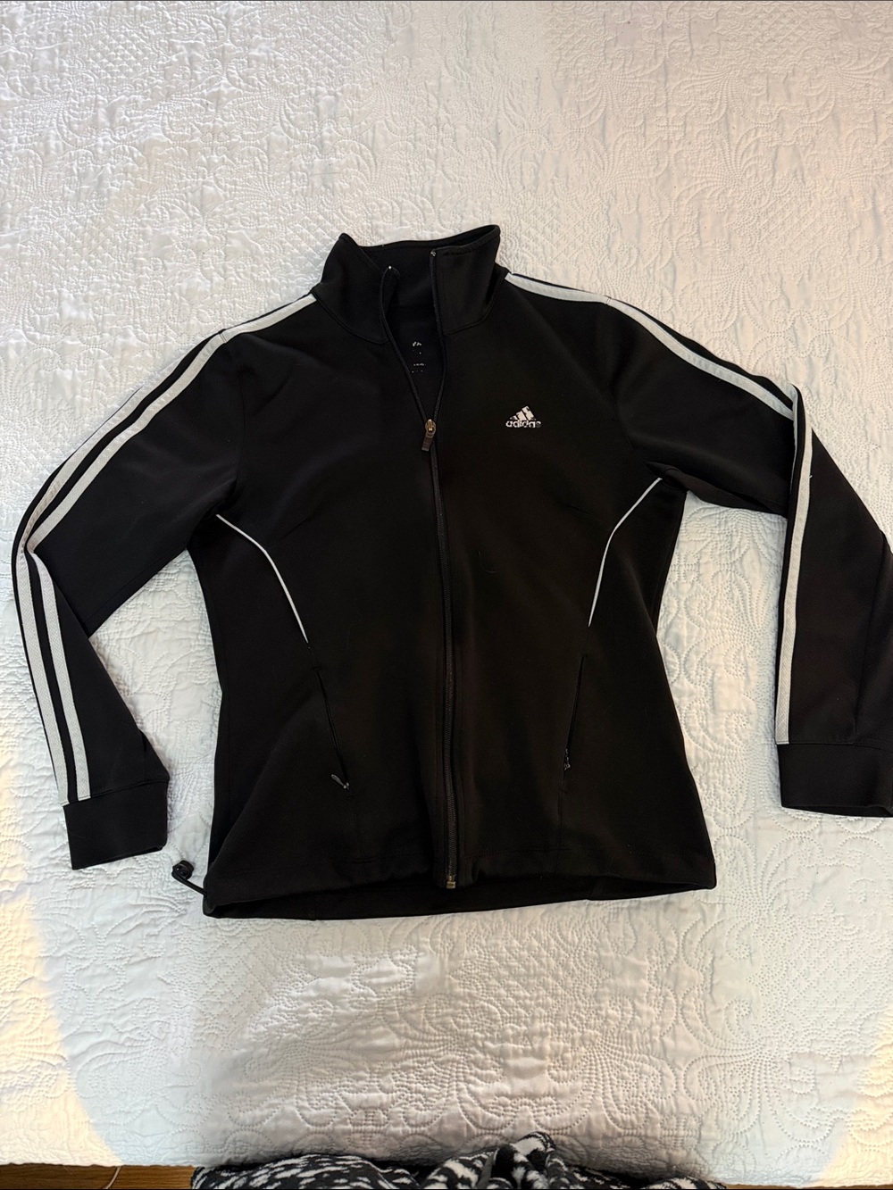 adidas Black Zip-Up Track Jacket with White Stripes